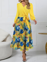Slim V Neck Printed Dress Long Sleeve Pleated Dress