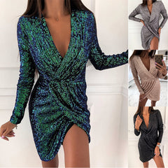 Beaded Dress Long Sleeve V-neck Mini Dress