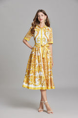 Printed Belted Button A Line Dress