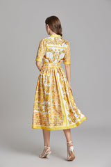 Printed Belted Button A Line Dress