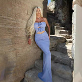 Blue Purple Mesh Elegant Three Dimensional Floral Evening Dress Strapless Dress