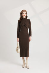 Thickened Bow Half High Neck Base Knitted Sweater Vest Dress Two Piece Set