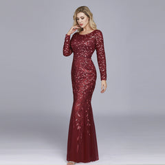 Multi-Color Long Sleeve round Neck Fishtail Banquet Evening Dress for