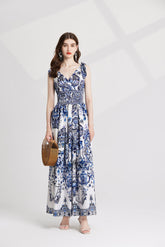 V Neck Print High Waisted Dress For