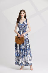 V Neck Print High Waisted Dress For