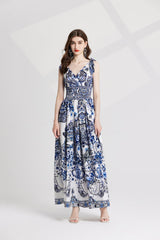 V Neck Print High Waisted Dress For