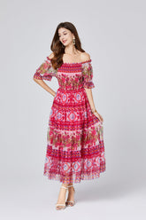 Vintage Palace Positioning Print Shoulder Rubber Stretch Dress