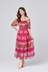 Vintage Palace Positioning Print Shoulder Rubber Stretch Dress