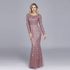 Multi-Color Long Sleeve round Neck Fishtail Banquet Evening Dress for