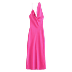 Asymmetric Silk Satin Texture Underwear Midi Halter Dress