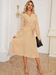 Shirt V Neck Houndstooth Printed Slim Fit Belt Dress Popular