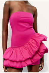 Tube Top Irregular Asymmetric Slim Fit Ruffled Stitching Mini Dress Rose Red