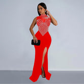 Solid Color Mesh Rhinestone Sleeveless Maxi Dress