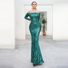 Cocktail-Abendkleid, schulterfrei, langärmelig, Retro-Paillettenkleid im Meerjungfrauenstil