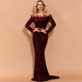 Sequined Evening off Shoulder Feather Long Sleeve Party Maxi Dress
