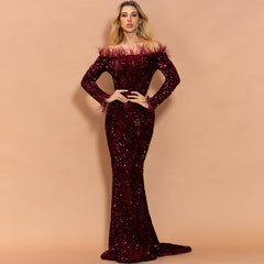 Sequined Evening off Shoulder Feather Long Sleeve Party Maxi Dress