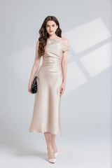 Solid Color Asymmetrical Oblique Shoulder Dress