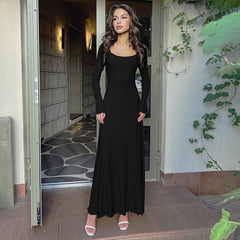 Elegant U Neck Long Sleeve Solid Color Stringy Selvedge Maxi Dress