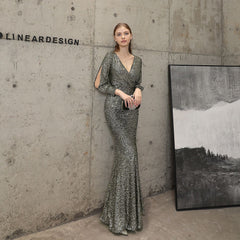 Elegantes, langes, paillettenbesetztes Cocktailkleid mit Meerjungfrauenschnitt und langen Ärmeln