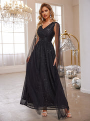 Elegante vestido de gasa con escote en V y cintura ancha