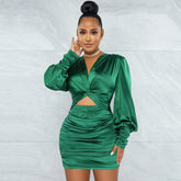 Solid Color Long Sleeve Hollow Out Cutout Pleated Midi Dress