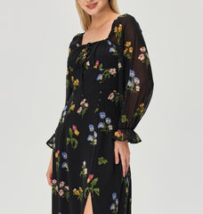 Simple Square Collar Long Sleeve Printing Dress