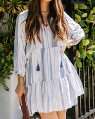 V neck Layered Tassel Dress Casual Loose Striped Dress