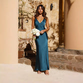 Backless Slit Solid Color Dress Sling Slim Mid Length