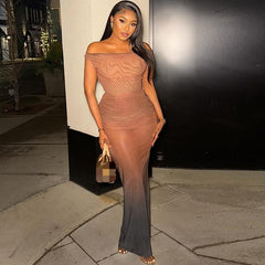 Elegant Gradient Contrast Color Fit Tube Top One Step off Neck Raglan Sleeve Length Dress