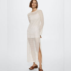 Vacation Beach Blouse Knitted Hollow Out Cutout out Maxi Dress Beach Cover Up Dress