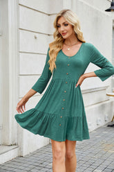 Solid Color round Neck Button Pleated Half Sleeve Dress