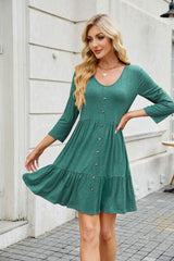 Solid Color round Neck Button Pleated Half Sleeve Dress