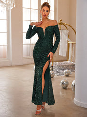 Sequined Solid Color High Waist off Neck Solid Color Cocktail Dress Evening Dress