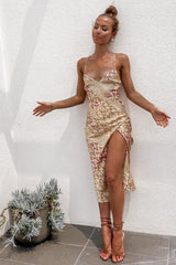 Printed V neck Strap Backless Dress Home Split off Shoulder Dress