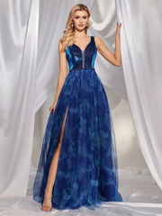 Brautjungfernkleid mit tiefem V-Ausschnitt, floralem Muster, Strassverzierungen und hohem Schlitz