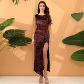Solid Color Sequ Dress High Split