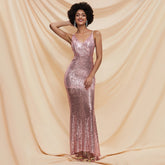 Party Dress Backless Bow Sequined Shiny Sleeveless Strap Trailing Evening