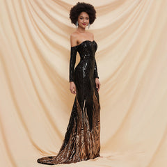 Black Tube Top off-Shoulder Annual Party Host Sequined Small Trailing Evening Dress Formal Gown