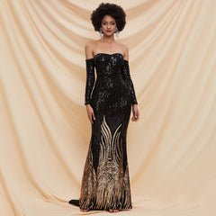 Black Tube Top off-Shoulder Annual Party Host Sequined Small Trailing Evening Dress Formal Gown