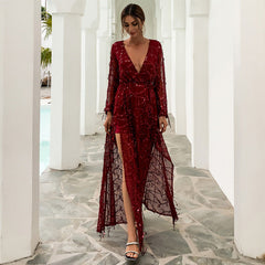 Tassel Sequ Banquet Dress Long Sleeve Deep V Plunge Plunge Split Birthday Party Dress Female Prom Formal Gown