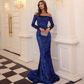 Tube Top off-Shoulder Long Sleeve Sequined Party Mop Evening Dress for Formal Gown