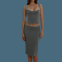 Spliced Lace Top Low Waist Midi Skirt Suits