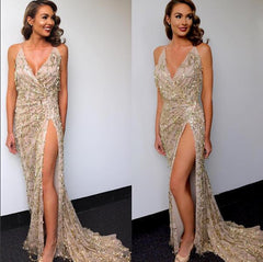 Vestido largo de verano con escote en V, espalda descubierta, abertura y tirantes dorados