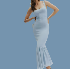 Light Blue Spliced Ruffles Hem Midi Dress