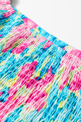 Vestido largo de talla grande con escote cuadrado fruncido y estampado floral azul cielo