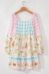 Pink Ric Rac Plaid Floral Print Patchwork Bubble Sleeve Dress