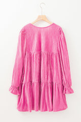 Strawberry Pink Flounce Sleeve Tiered Ruffled Velvet Mini Dress
