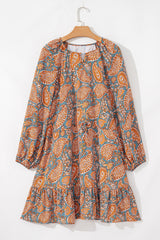 Minivestido holgado con cintura alta y cordón ajustable con estampado paisley naranja