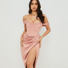 Bodycon Party Card Shoulder Tube Top Slim Fit Slit Solid Color Dress