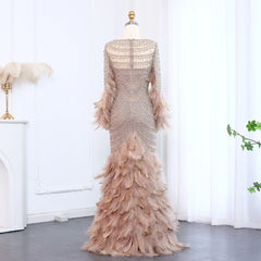 Feather Nude Mermaid Long Sleeves Elegant Gown